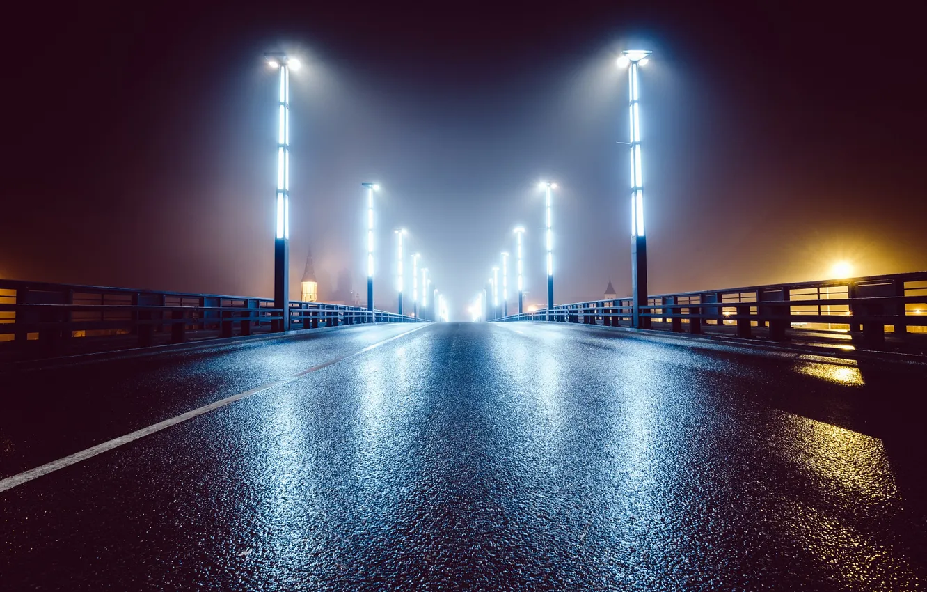 Photo wallpaper road, light, night, bridge, street, lights