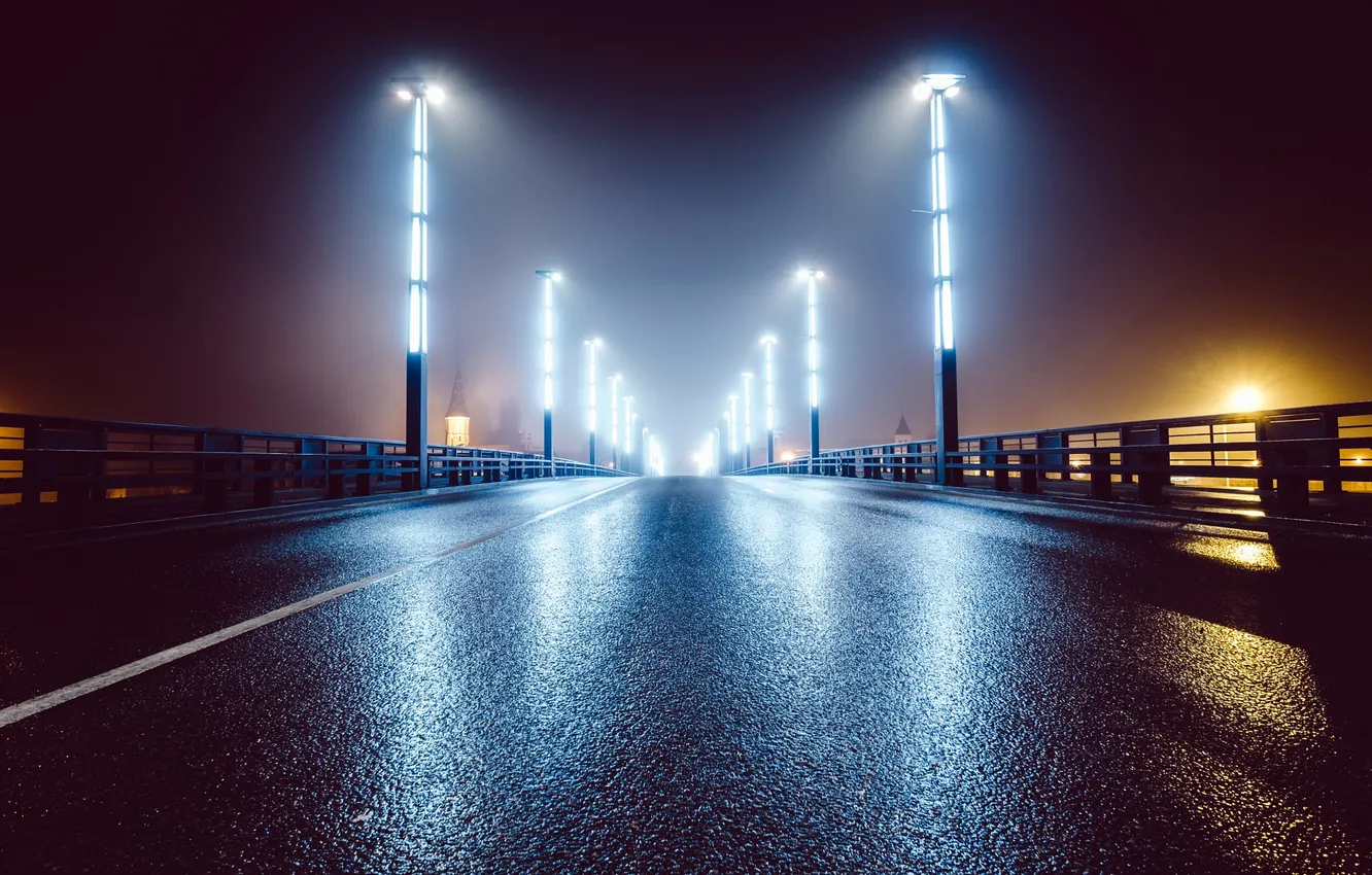 Photo wallpaper road, light, night, bridge, Street, lights