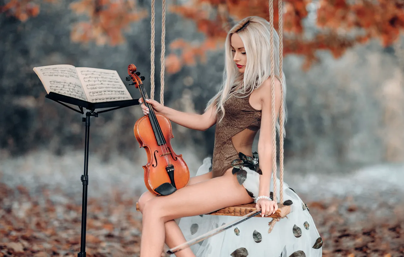 Photo wallpaper autumn, girl, pose, notes, swing, mood, violin, figure