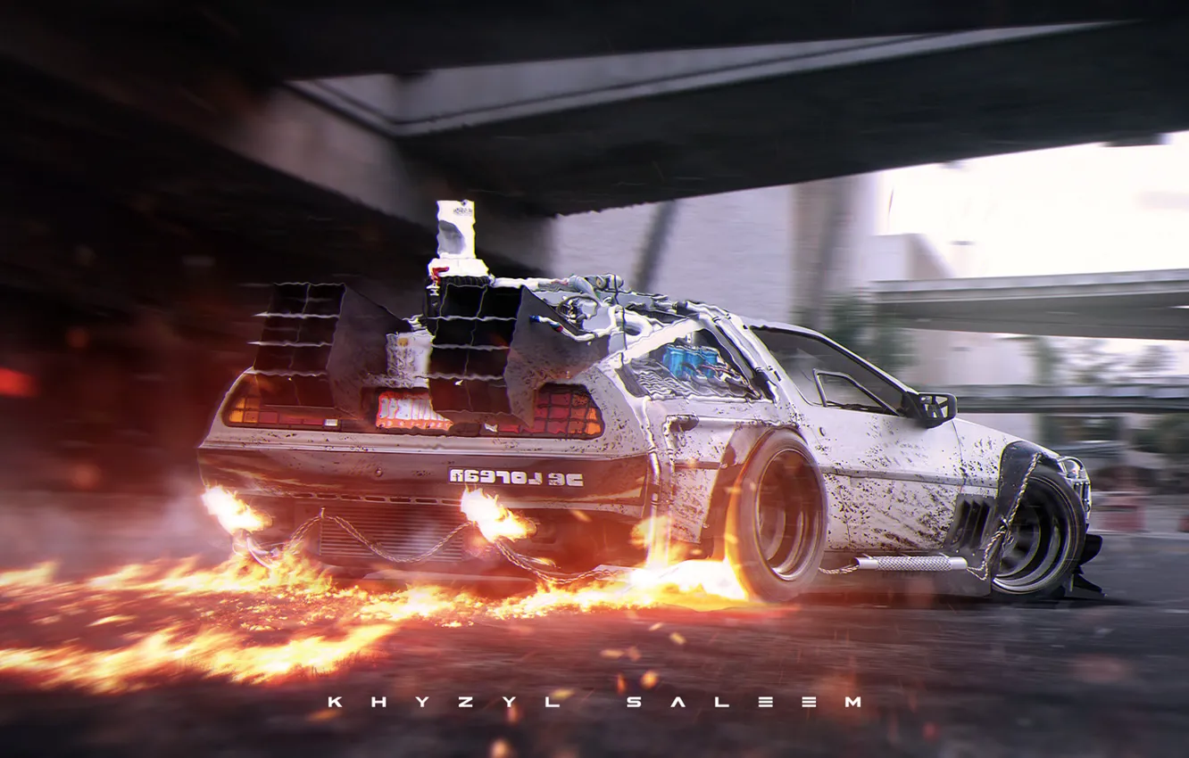 Photo wallpaper flame, silver, fire, road, DeLorean, DMC-12, rear, photoshop