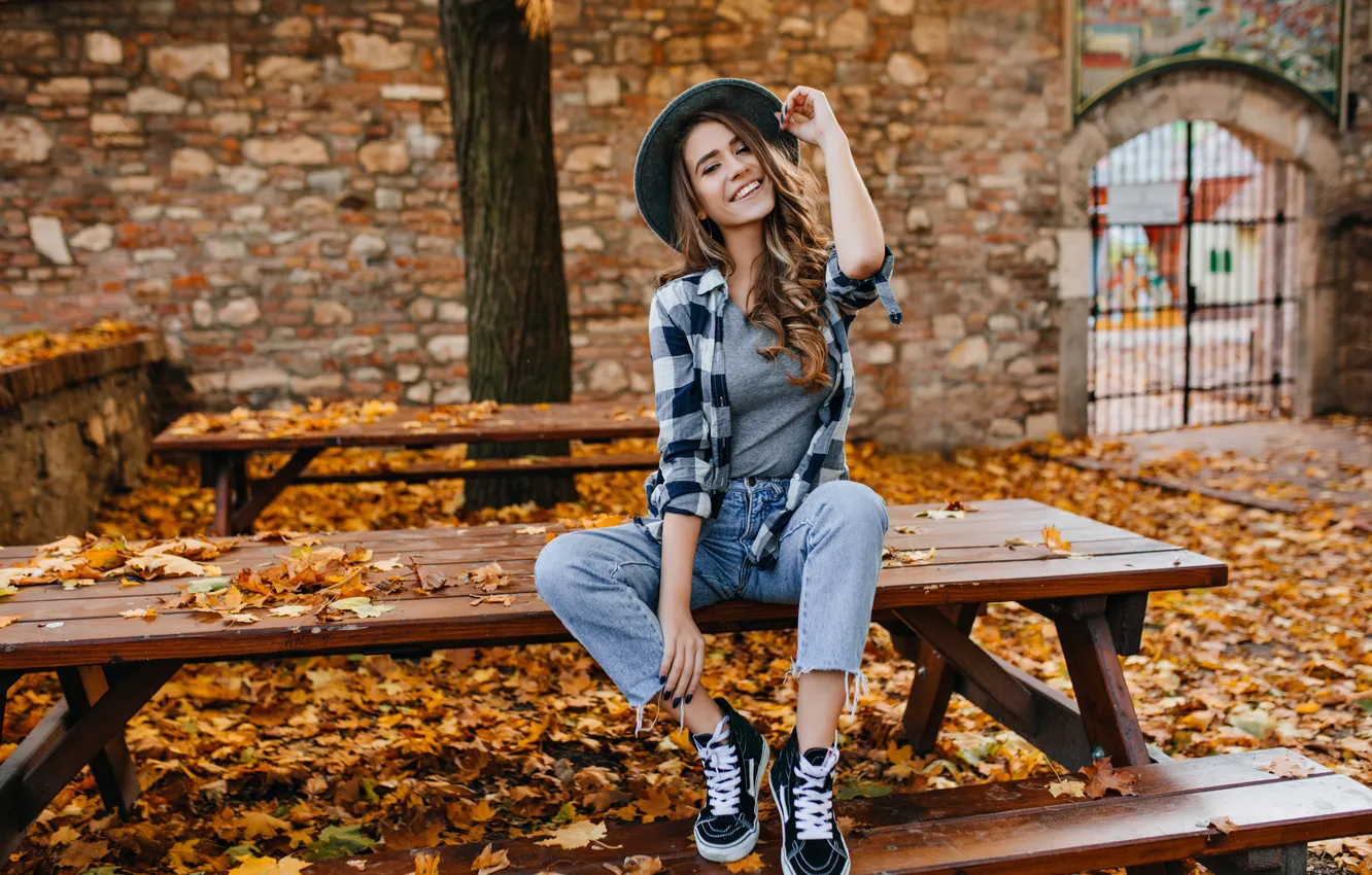 Photo wallpaper girl, hat, jeans, cute, adorable