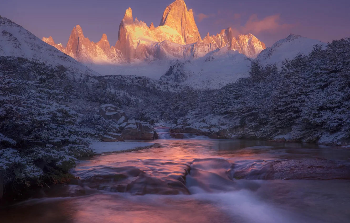 Photo wallpaper winter, light, snow, mountains, river, stones, rocks, Patagonia