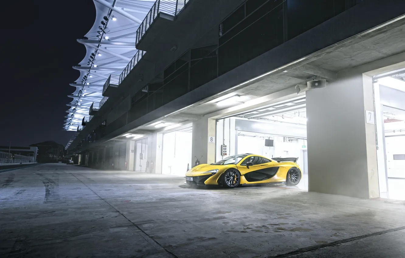 Photo wallpaper Yellow, Supercar, Garage, Track, McLaren P1, Yas Marina Circuit