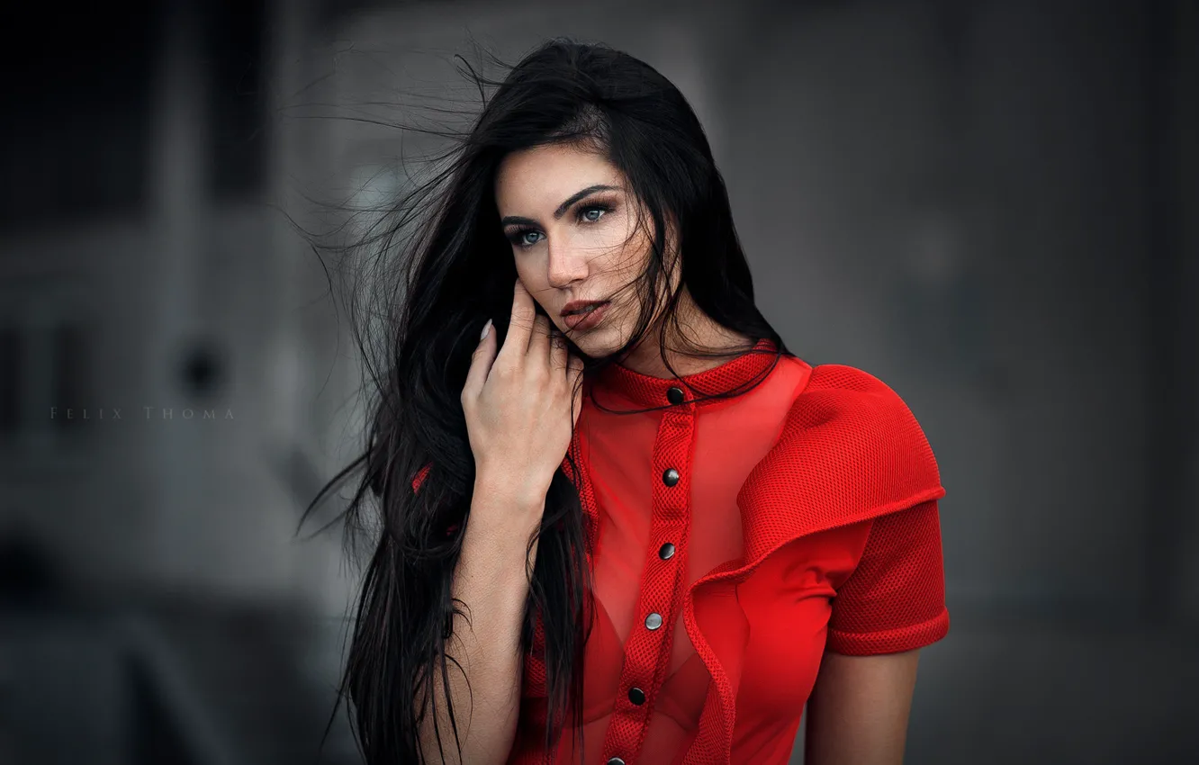 Photo wallpaper background, model, portrait, makeup, brunette, hairstyle, in red, Helena
