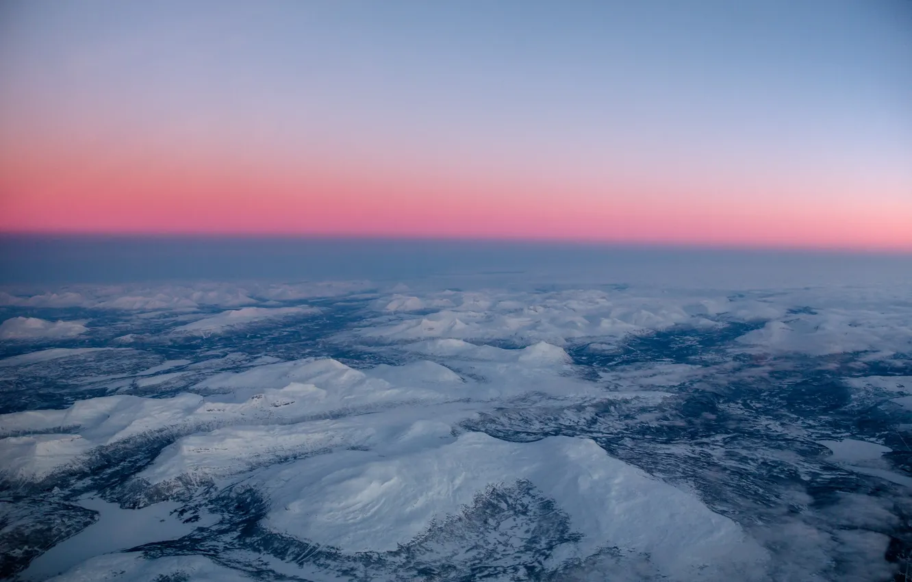 Photo wallpaper twilight, winter, mountains, snow, dusk
