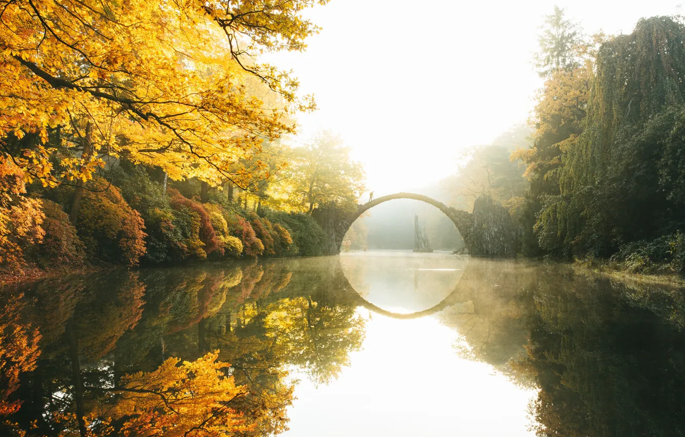Photo wallpaper autumn, bridge, river, people, Germany, haze