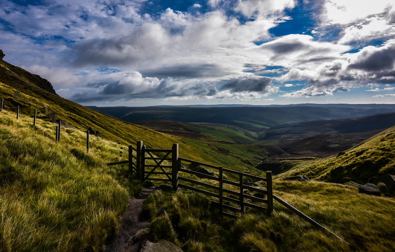 Photo wallpaper England, Nature, Clouds, Mountains, Grass, The fence, Landscape, Valley