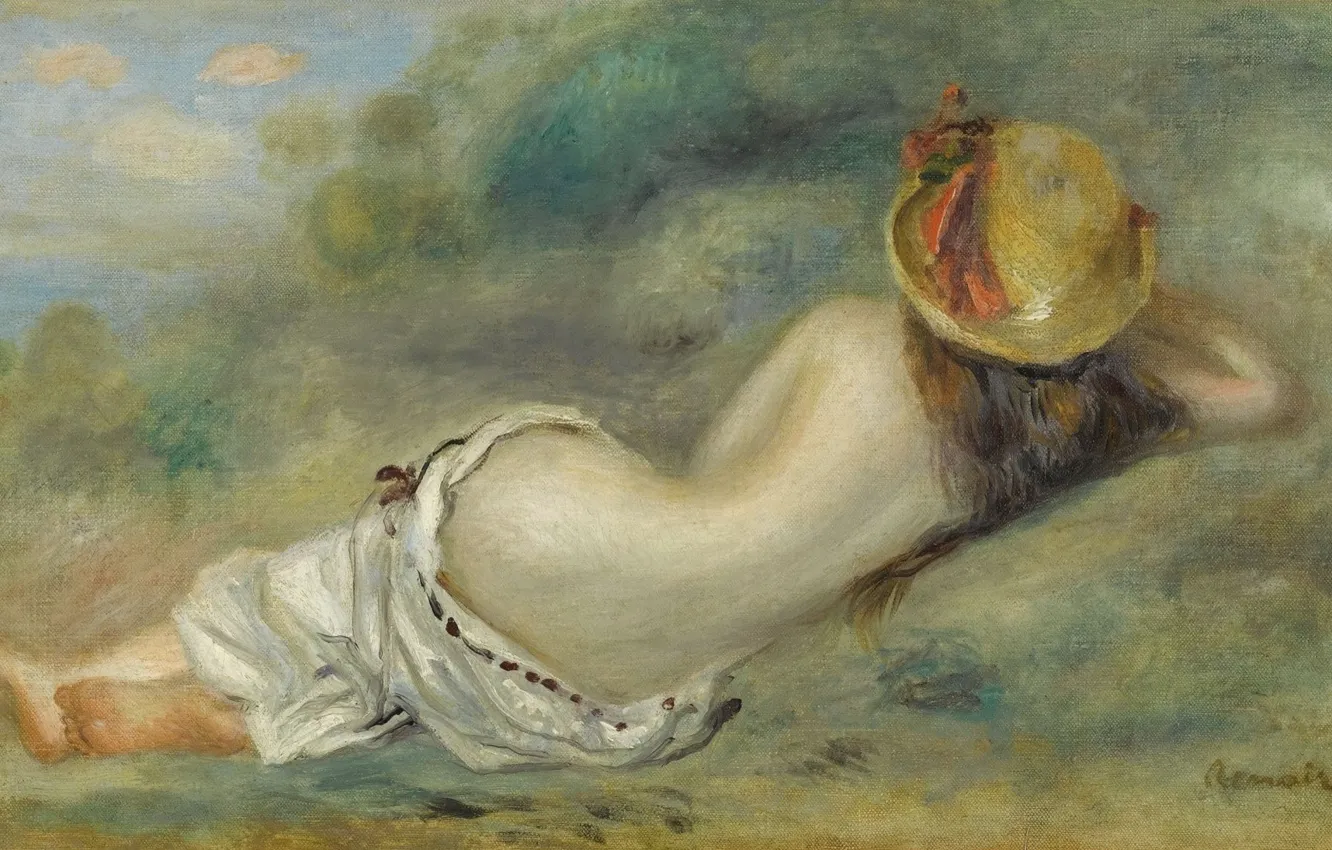 Photo wallpaper erotic, picture, 1892, Pierre Auguste Renoir, Pierre Auguste Renoir, Bather in Hat laying on the …