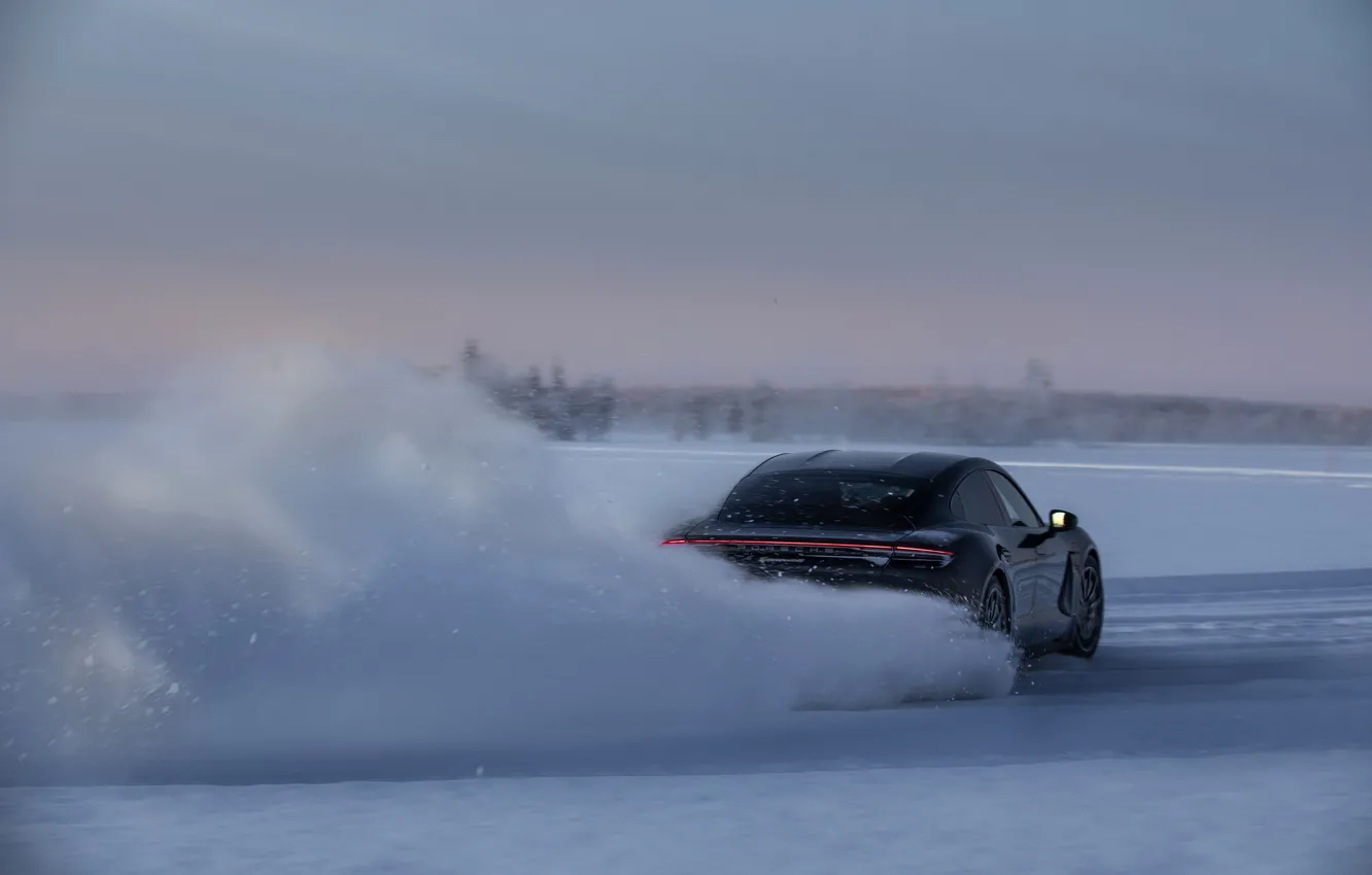 Photo wallpaper snow, black, ice, Porsche, track, slide, 2020, Taycan