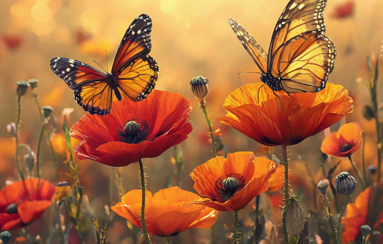 Photo wallpaper flowers, nature, butterfly, Mac, Maki