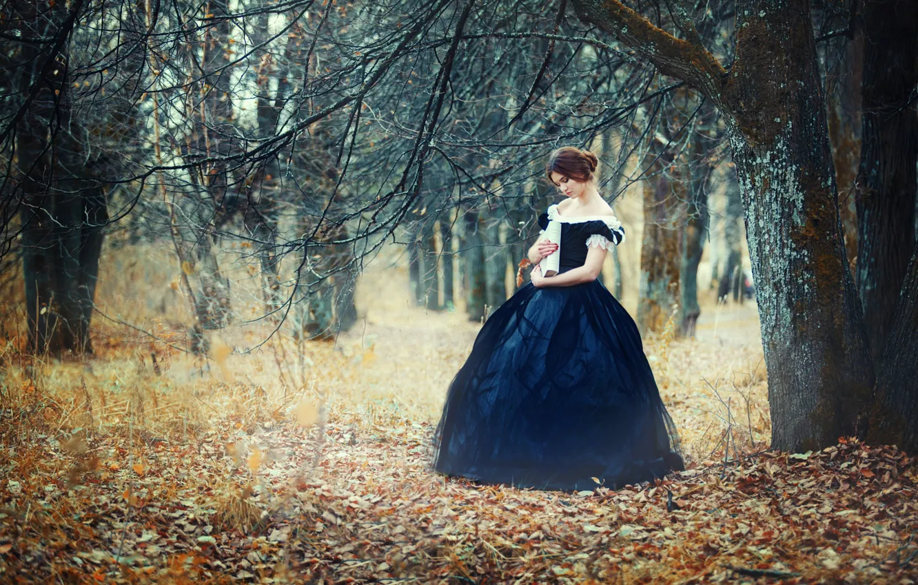 Photo wallpaper autumn, forest, leaves, girl, nature, pose, photo, dress