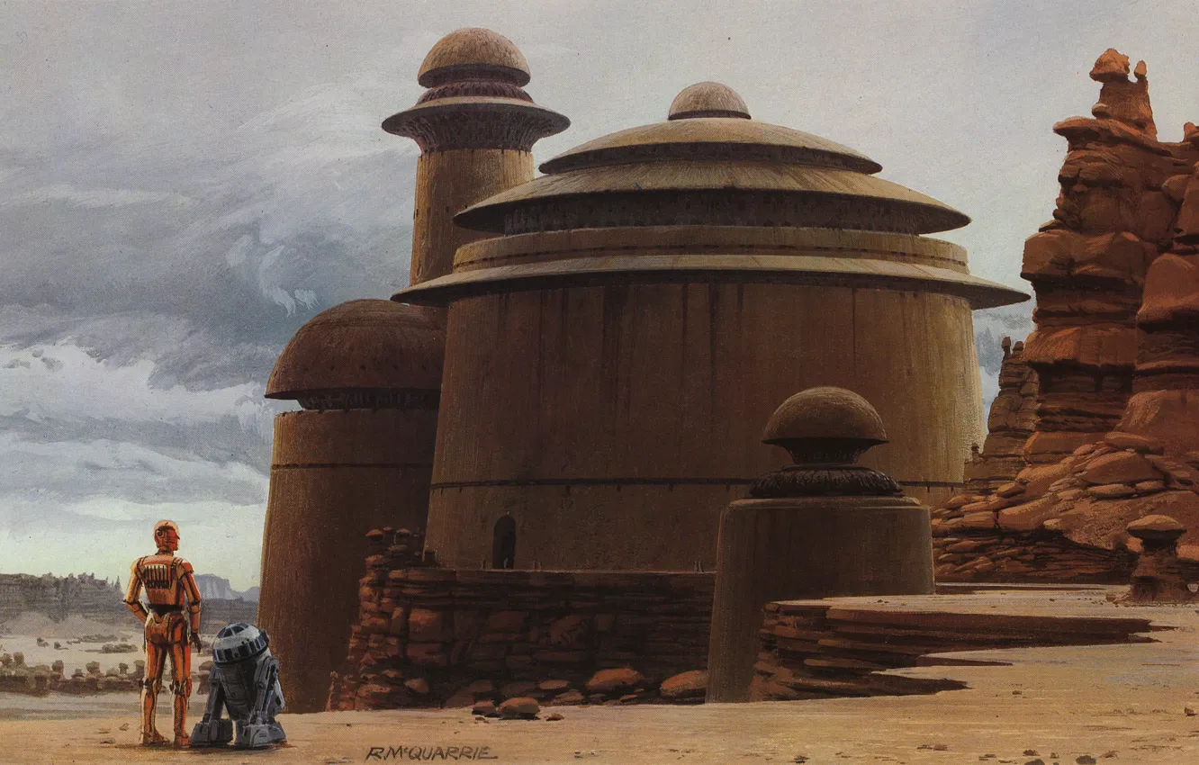 Photo wallpaper Star wars, Tatooine, Ralph McQuarrie’s illustration, C-3PO and R2-D2 approach Jabba the Hutt’s palace, the …