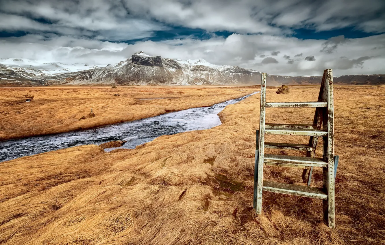 Photo wallpaper field, mountains, river, Stairway to heaven
