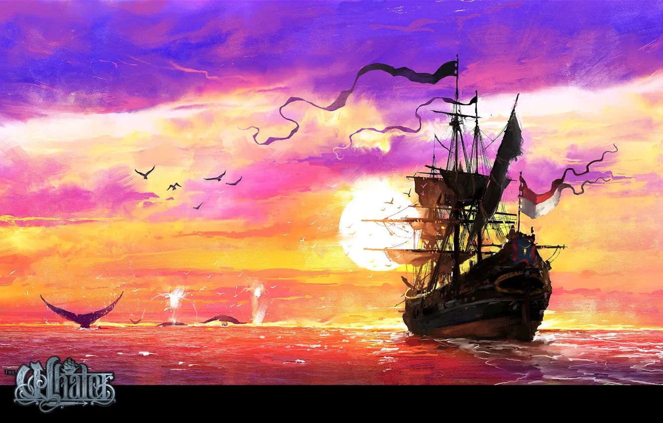 Photo wallpaper sea, birds, ship, Sunset, The Whaler