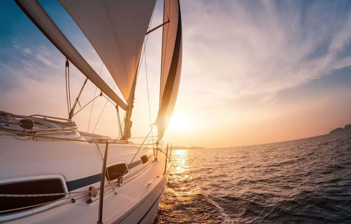 Photo wallpaper sea, the sun, the way, movement, the wind, morning, yacht, sails