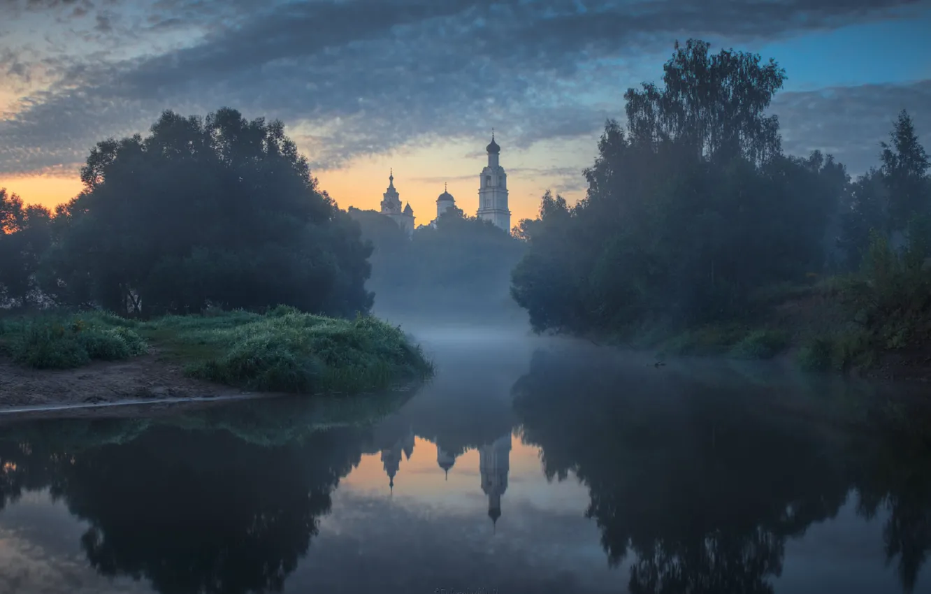 Photo wallpaper reflection, river, morning, temple, Vladimir oblast, photographer Dubrovinsky Michael
