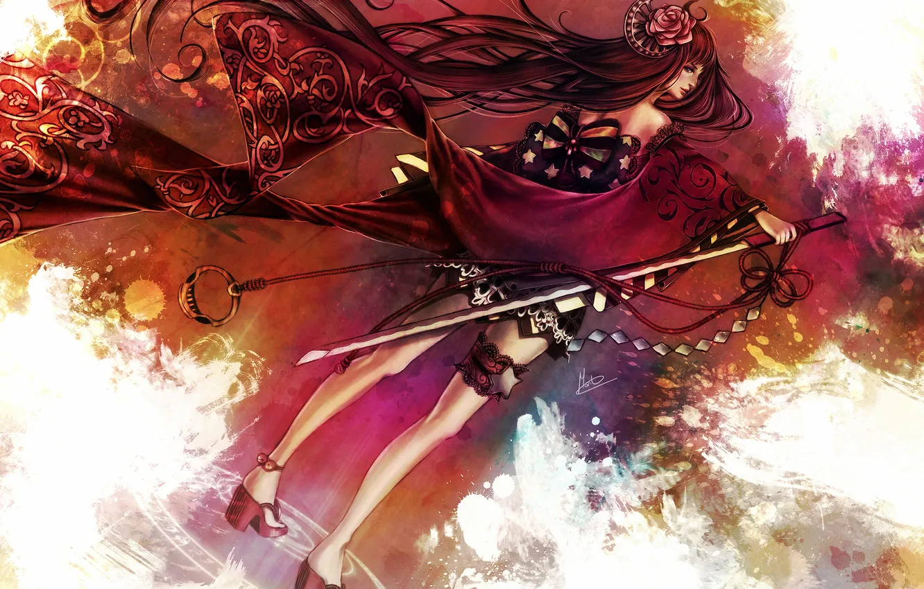 Photo wallpaper girl, flowers, weapons, roses, katana, anime, rope, art