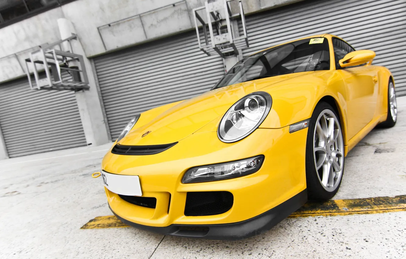 Photo wallpaper yellow, supercar, Porsche, Supercar, Porsche 997 GT3, The approach