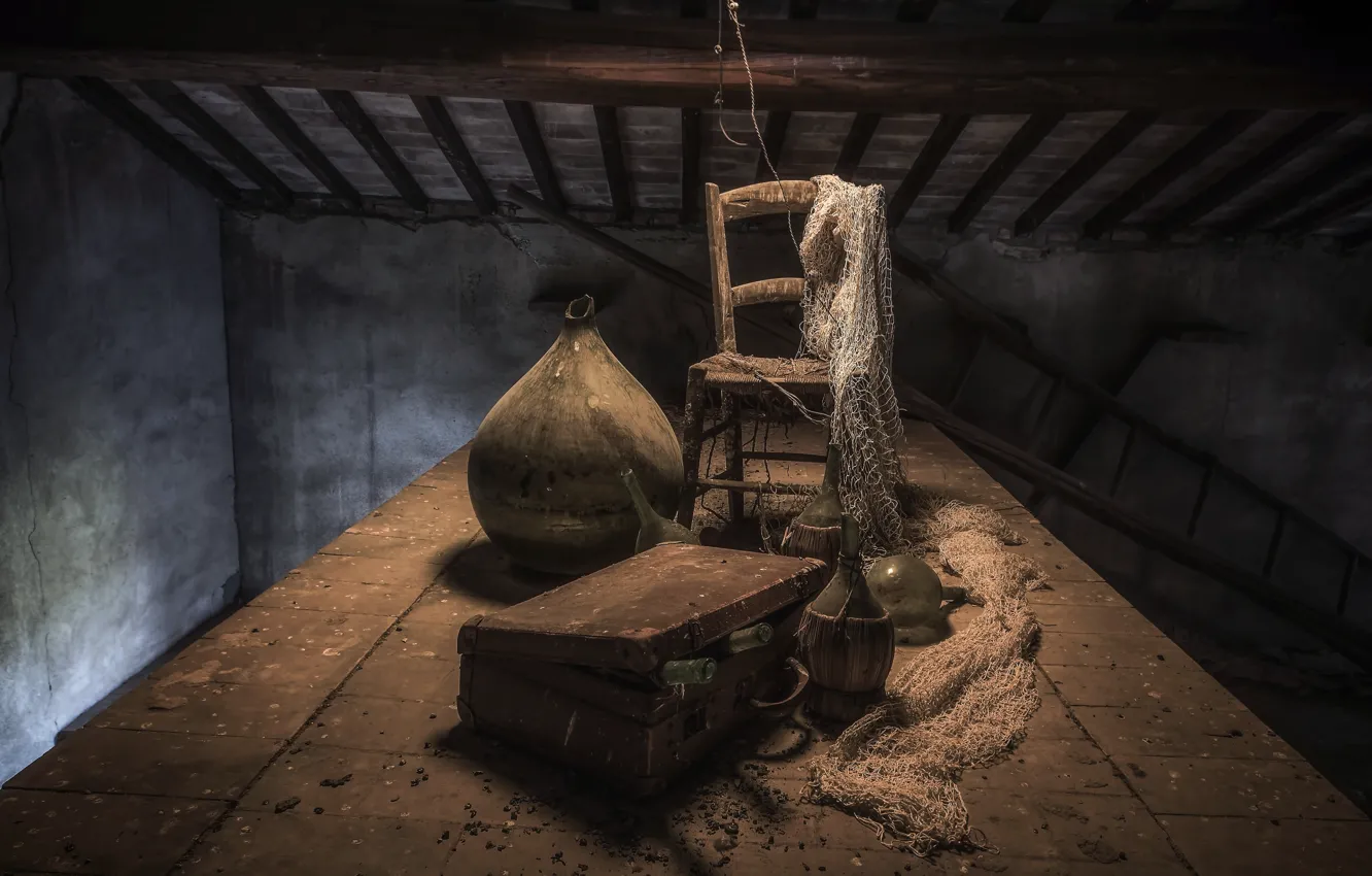 Photo wallpaper chair, suitcase, attic