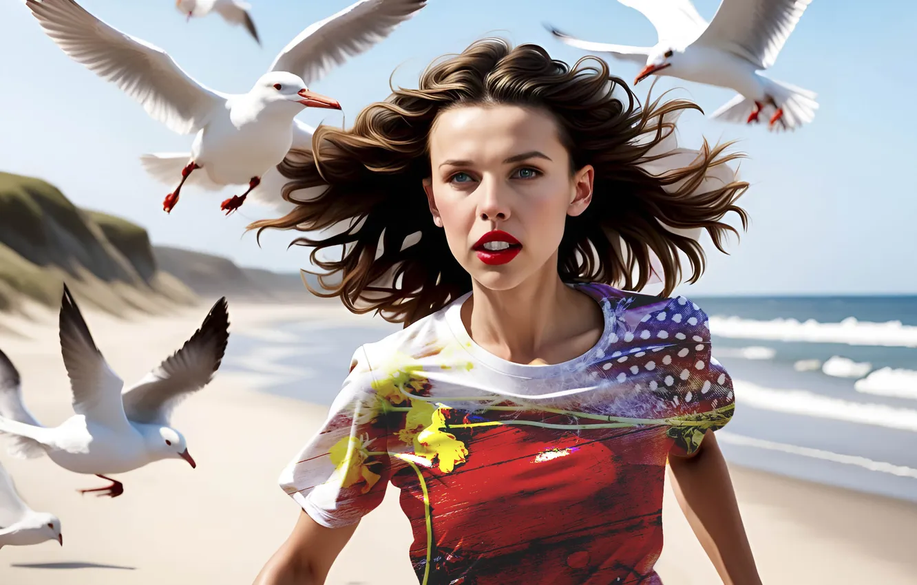 Photo wallpaper sea, girl, coast, hair, seagulls, art