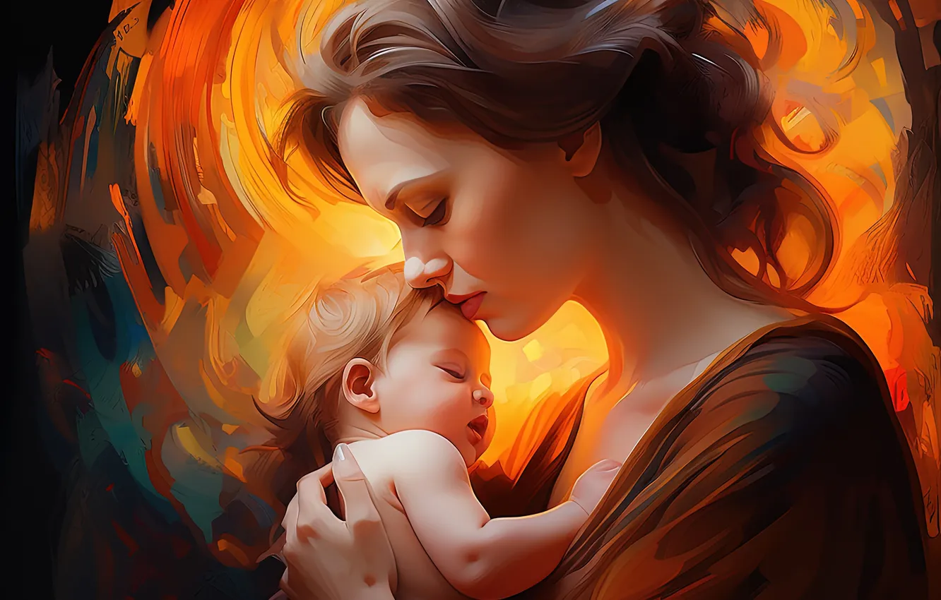 Photo wallpaper girl, love, children, two, mom, baby, digital art, AI art