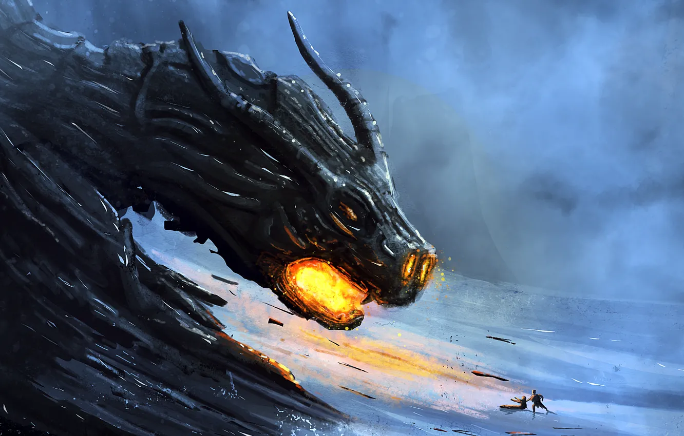 Photo wallpaper fiction, dragon, people, art, horns, fire-breathing
