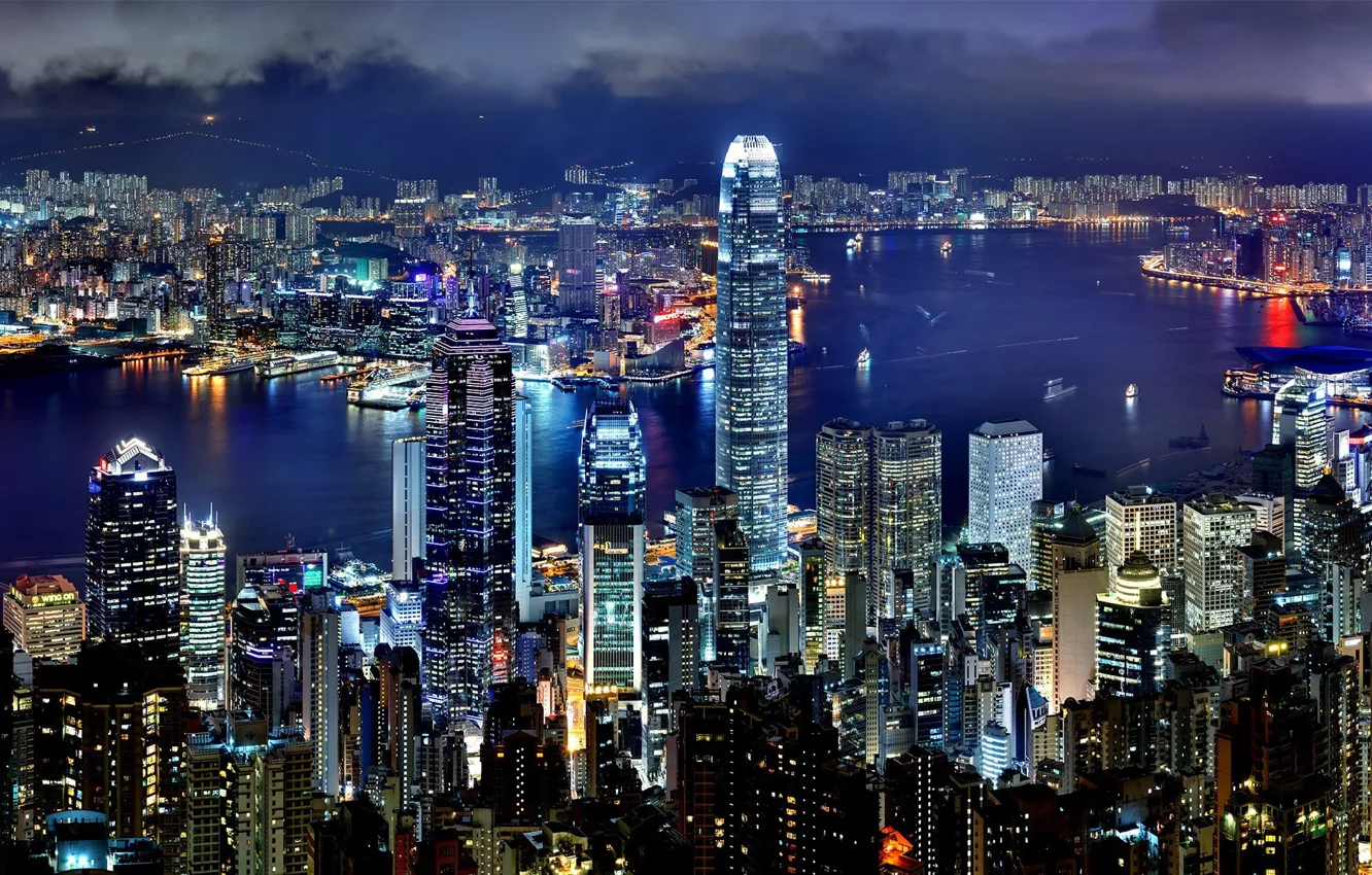 Photo wallpaper city, lights, widescreen, sea, ocean, night, Hong Kong, buildings