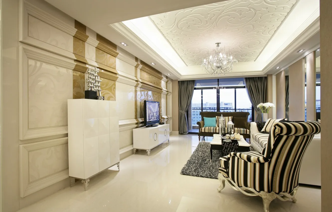 Photo wallpaper sofa, furniture, interior, chair, window, chandelier, table, living room