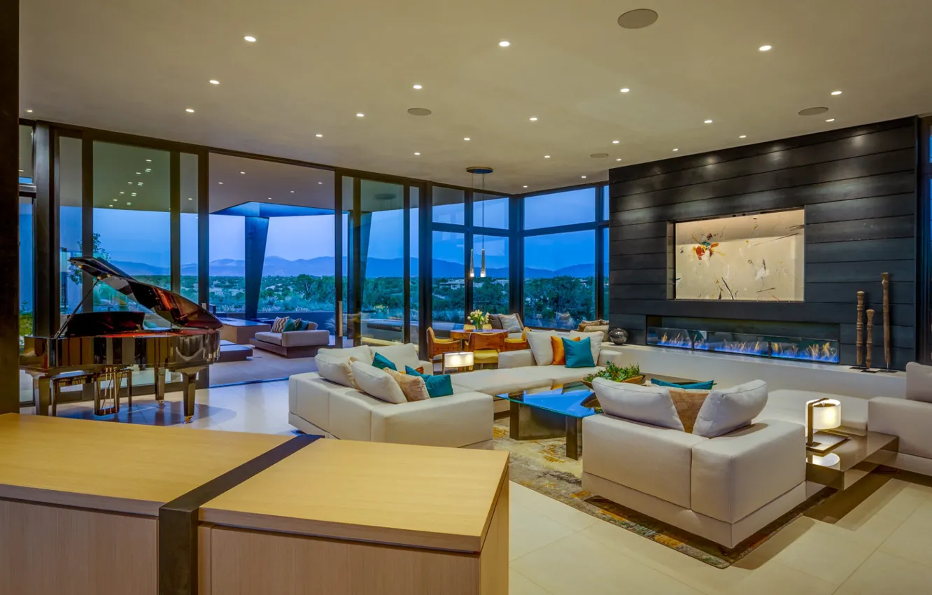 Photo wallpaper Villa, interior, piano, fireplace, living room, New Mexico, santa fe