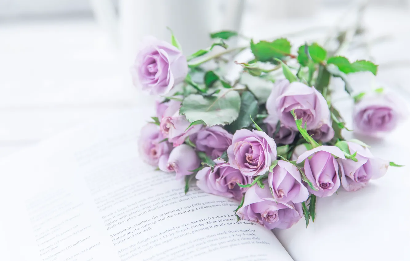 Photo wallpaper purple, flowers, roses, bouquet, book