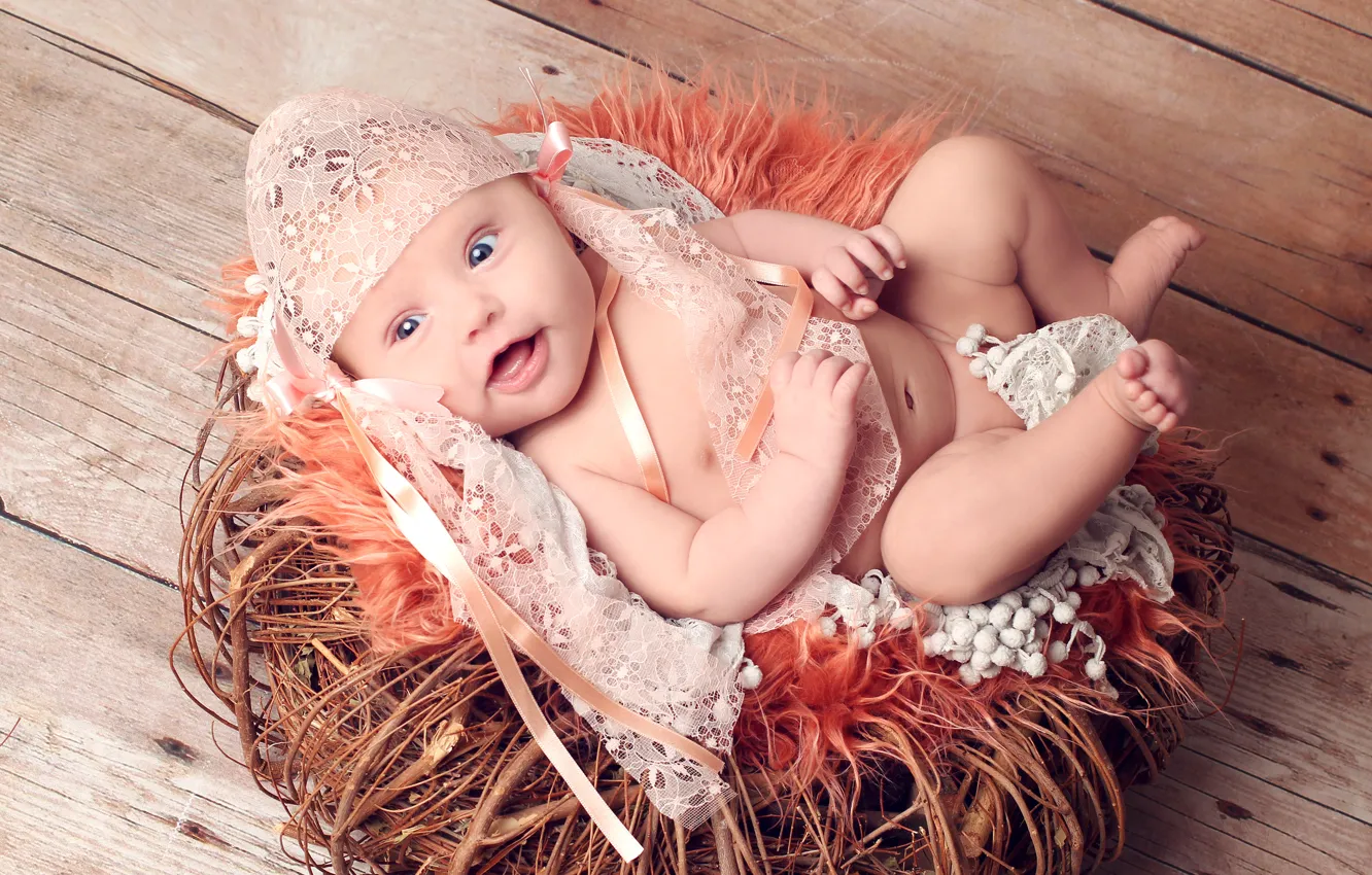 Photo wallpaper look, smile, basket, baby