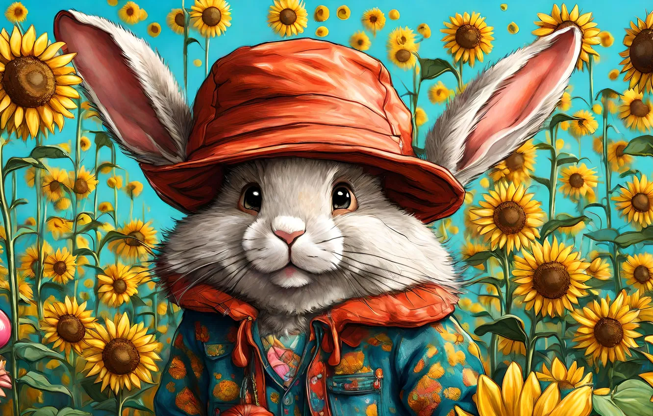 Photo wallpaper field, sunflowers, hat, rabbit