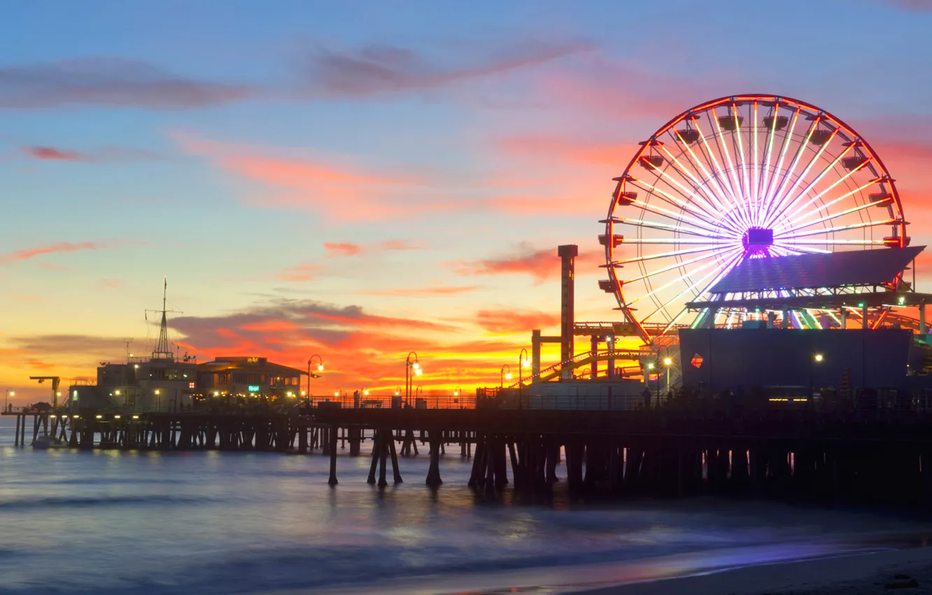 Photo wallpaper sea, glow, Ferris wheel, USA, Los Angeles, amusement Park