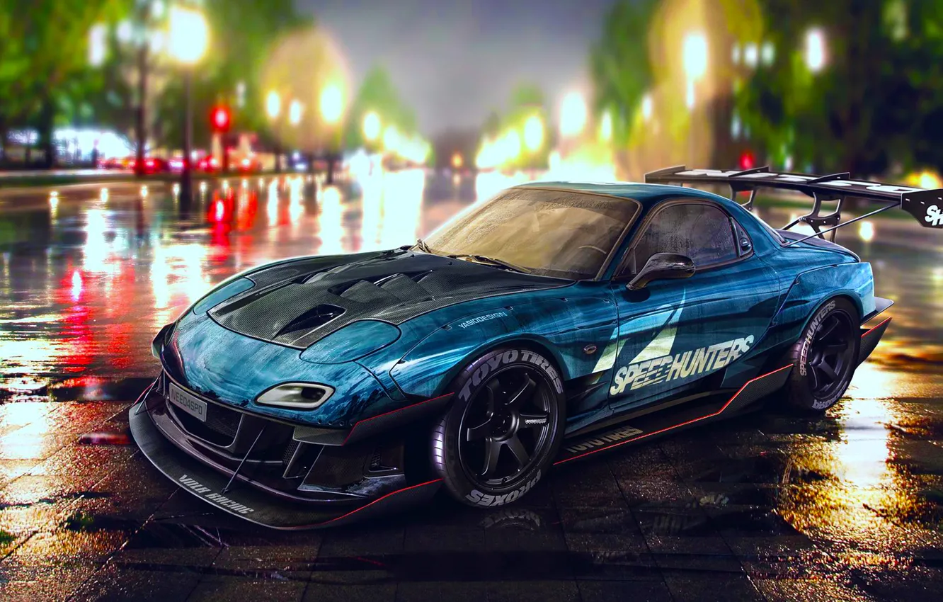 Photo wallpaper Mazda, Drift, Car, Blue, RX-7, Speedhunters, Nigth, YASIDdesign