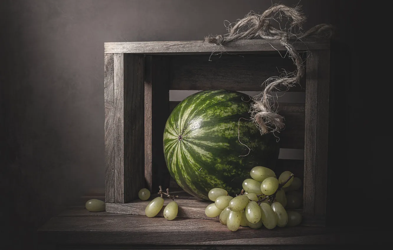 Photo wallpaper green, the dark background, table, Board, food, rope, watermelon, grapes