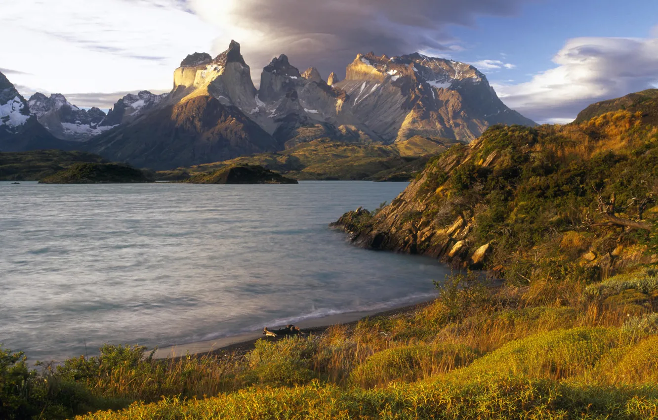 Photo wallpaper the sky, grass, clouds, sunset, mountains, lake