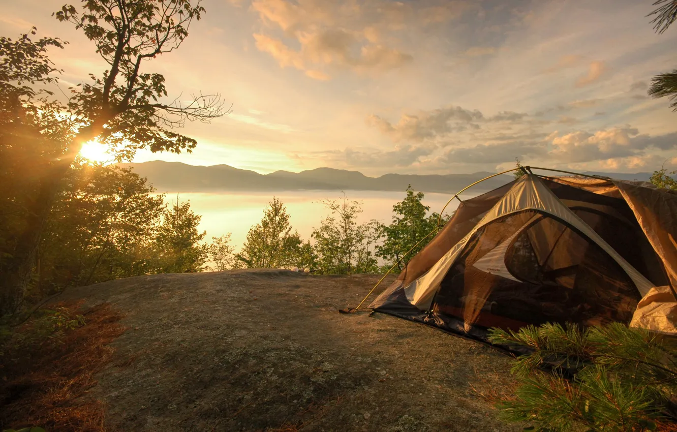 Photo wallpaper landscape, mountains, tent, hike