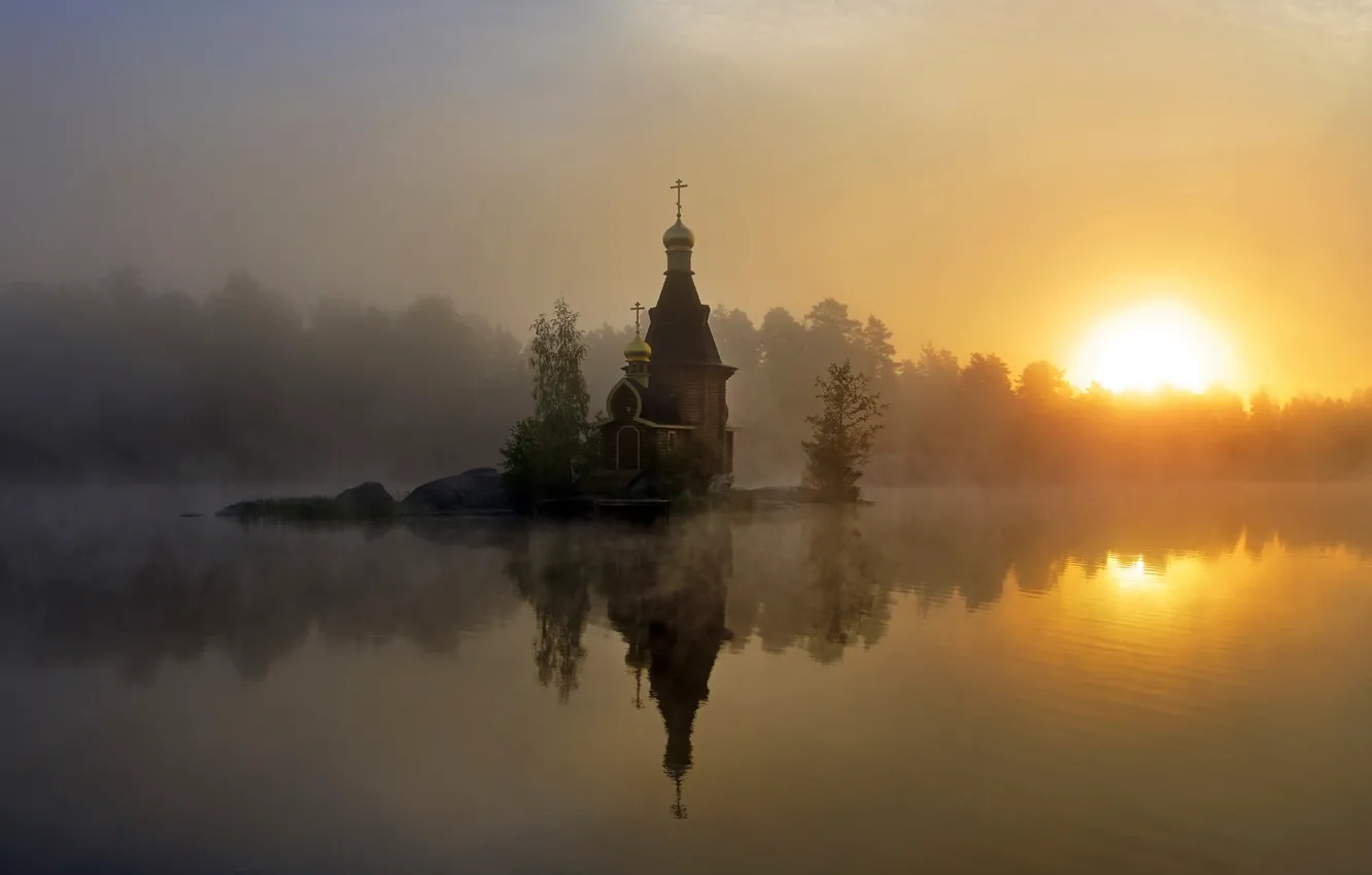 Photo wallpaper fog, morning, Church, Russia
