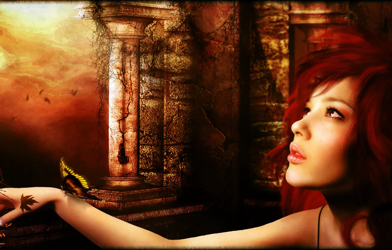Photo wallpaper butterfly, tears, Digital Art, redhead girl, all_i_can_think_about_is_you_by_brandrificus, brandrificus