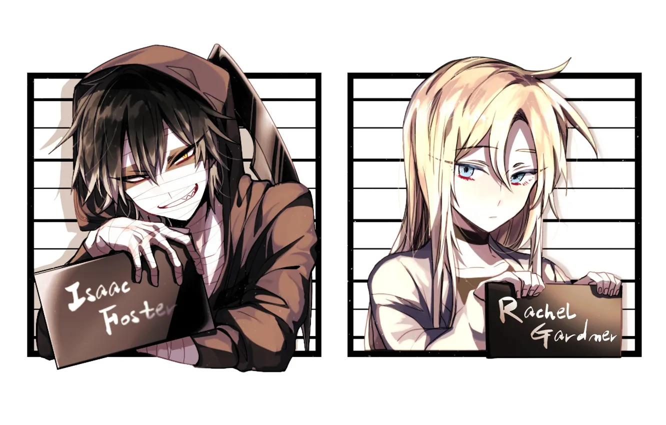 Photo wallpaper girl, portrait, guy, bandages, Angel bloodshed, Satsuriku no Tenshi, Zach