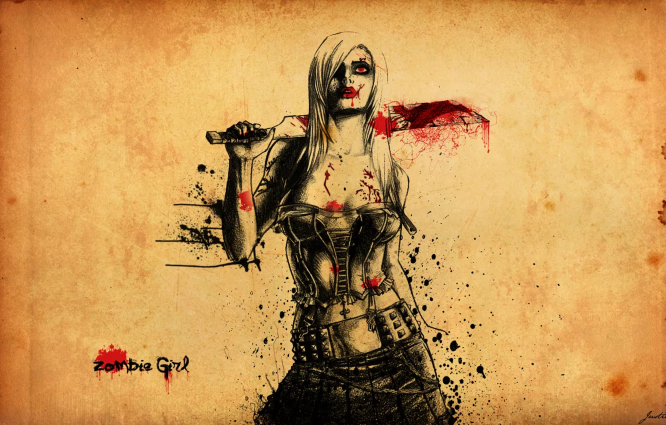 Photo wallpaper girl, blood, girl, zombie, cleaver