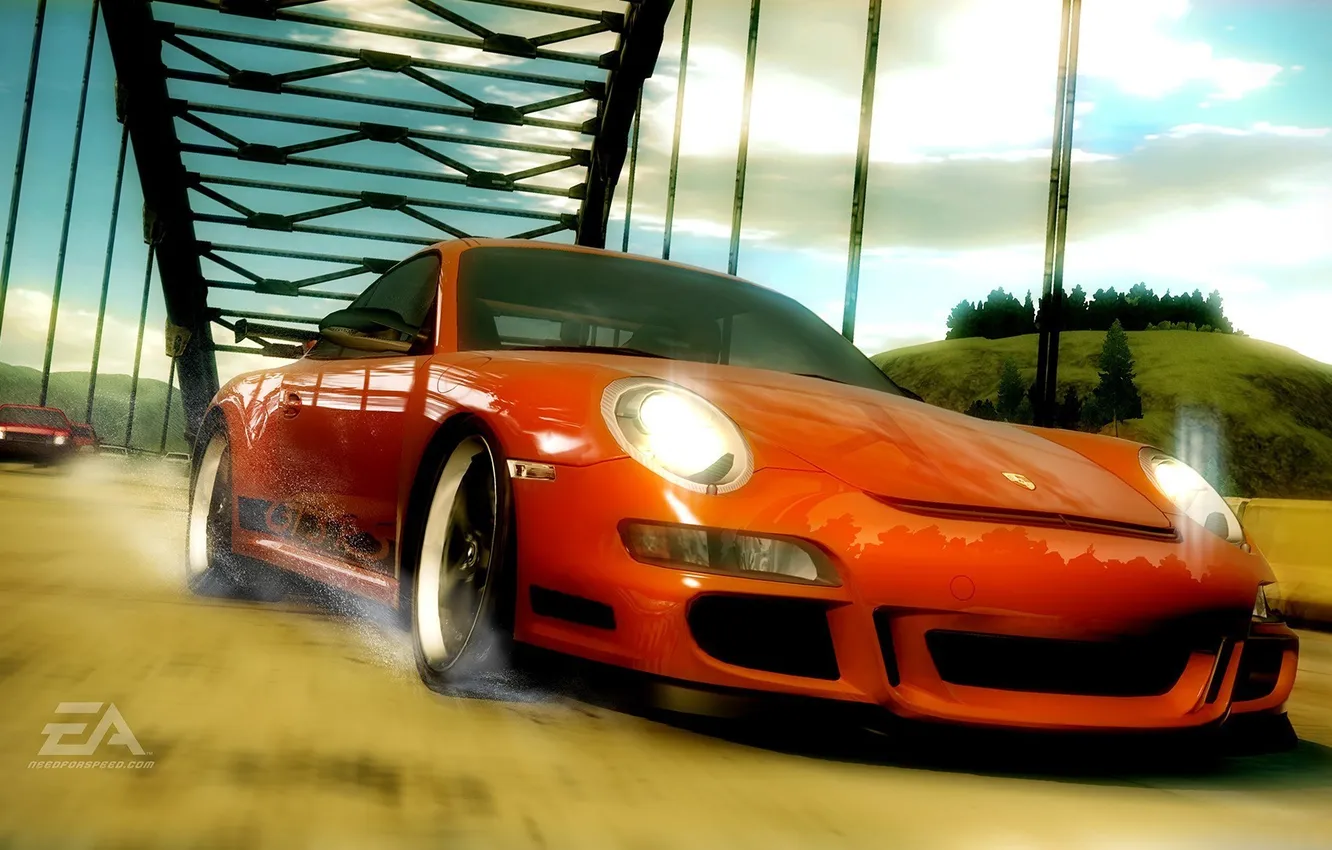 Photo wallpaper road, squirt, bridge, race, Need for Speed Undercover, Porsche GT3 RS