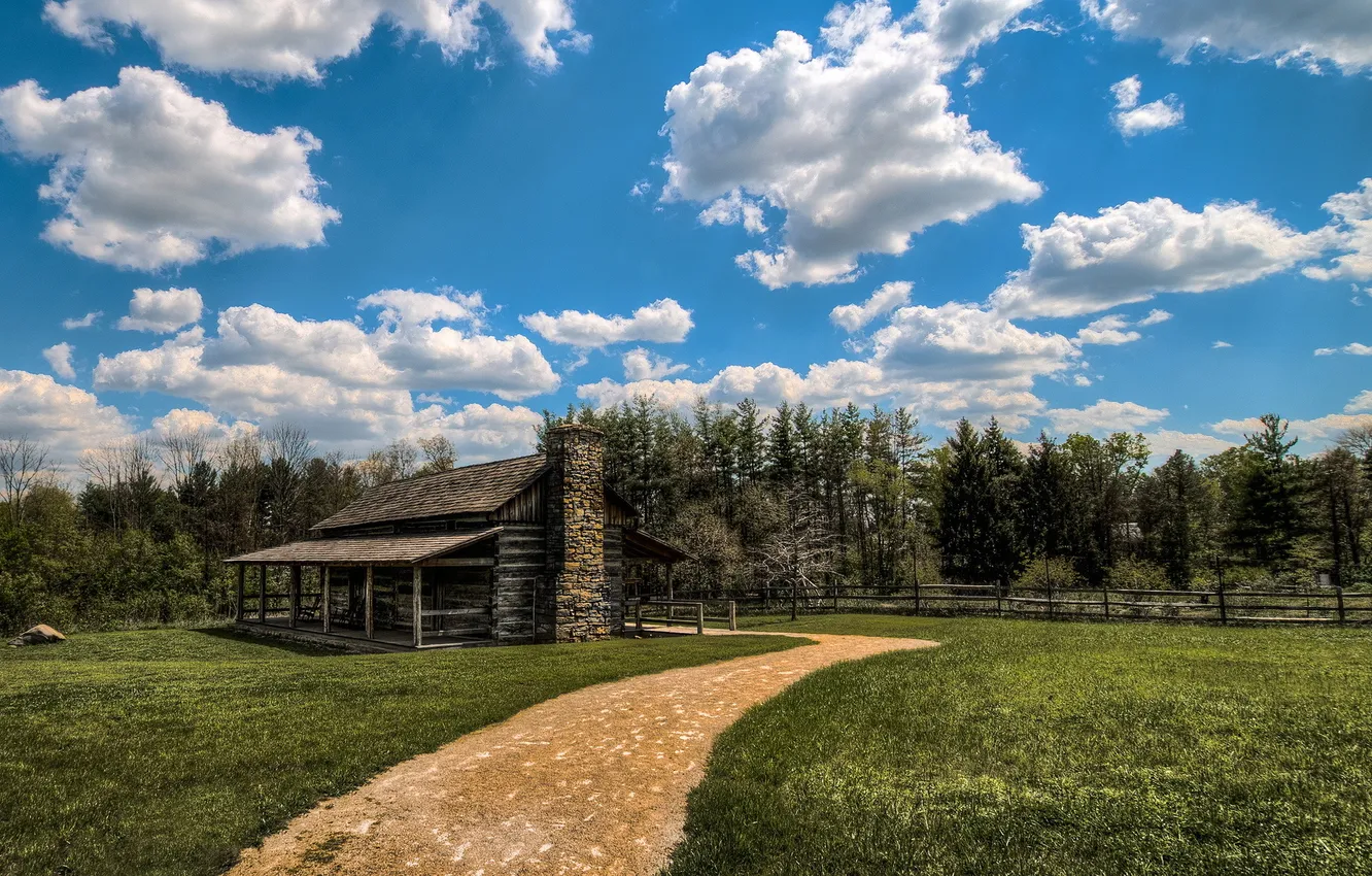 Photo wallpaper road, landscape, the fence, building