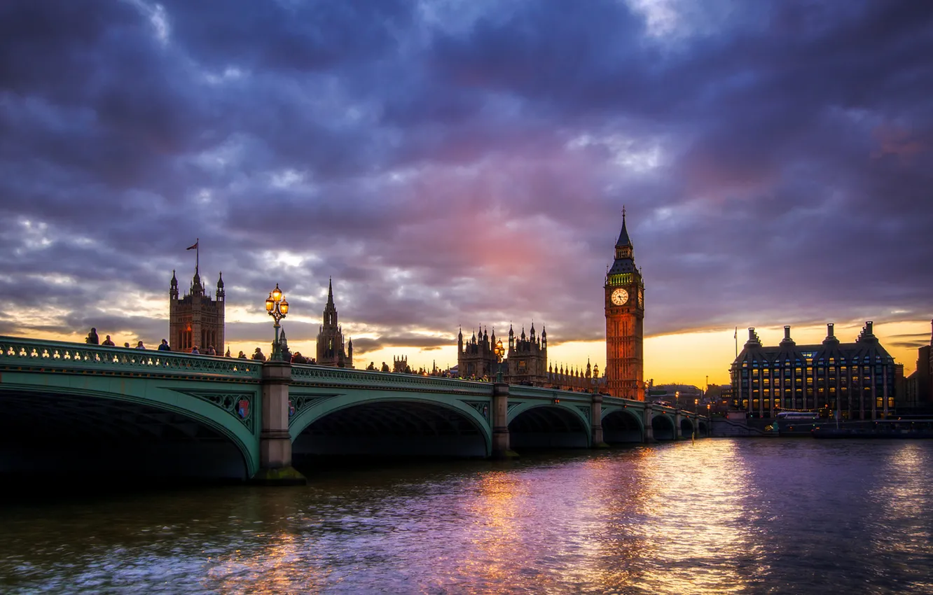 Photo wallpaper clouds, bridge, river, London, tower, Big Ben, London, Big Ben