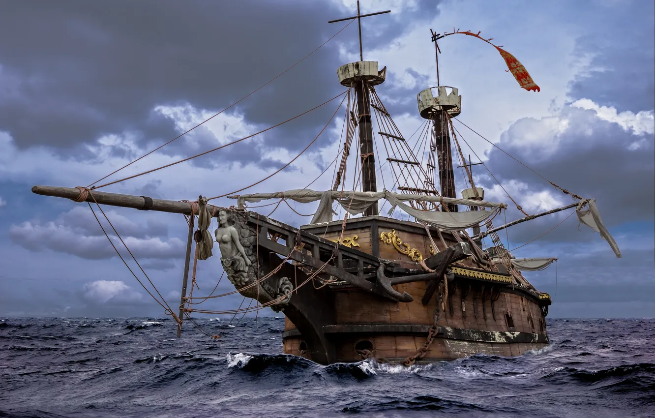 Photo wallpaper wood, water, boat sails