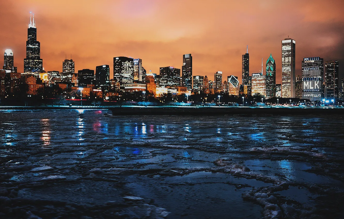 Photo wallpaper Night, Chicago, Skyscrapers, USA, Chicago, skyline, nightscape