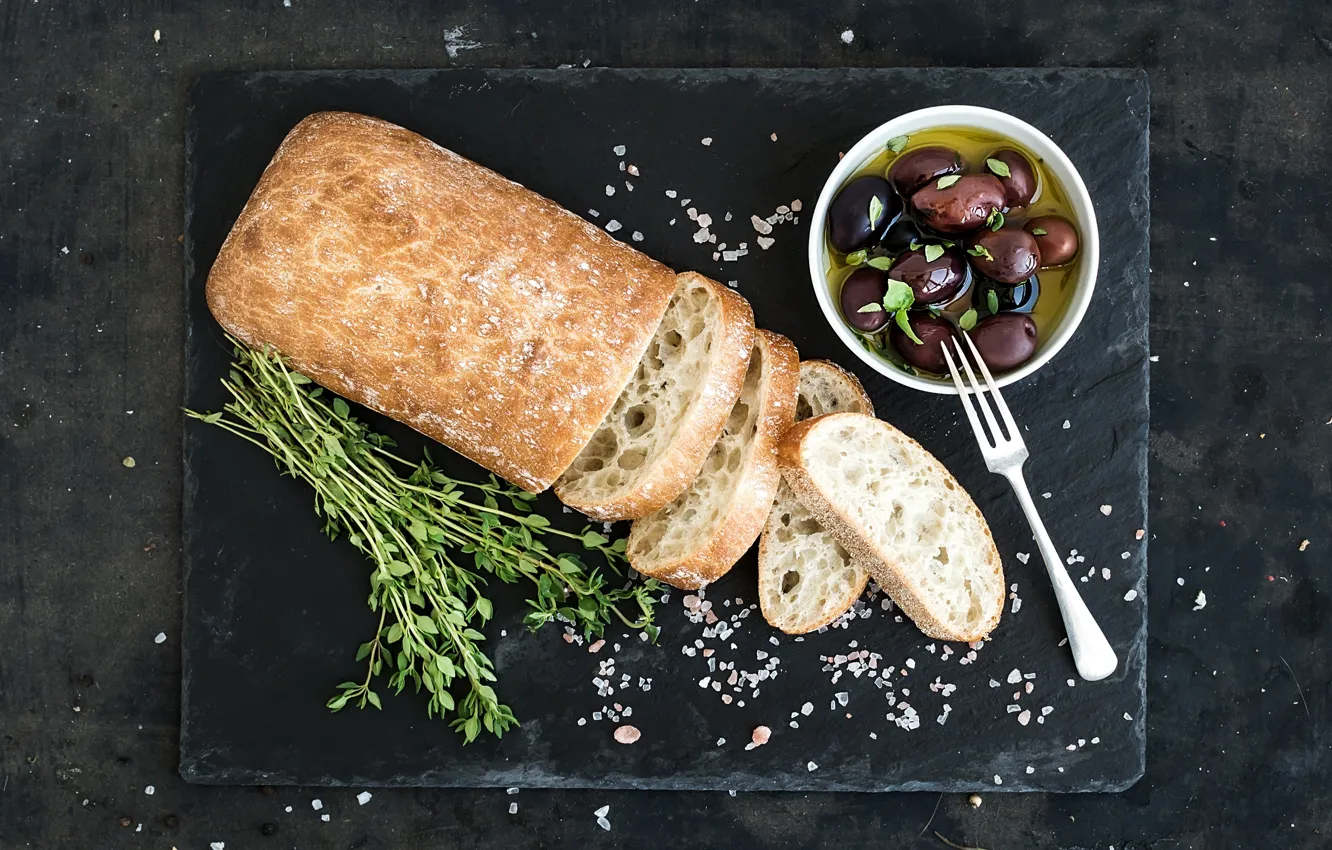 Photo wallpaper food, bread, olives, bread, Italian, oil, olive, ciabatta