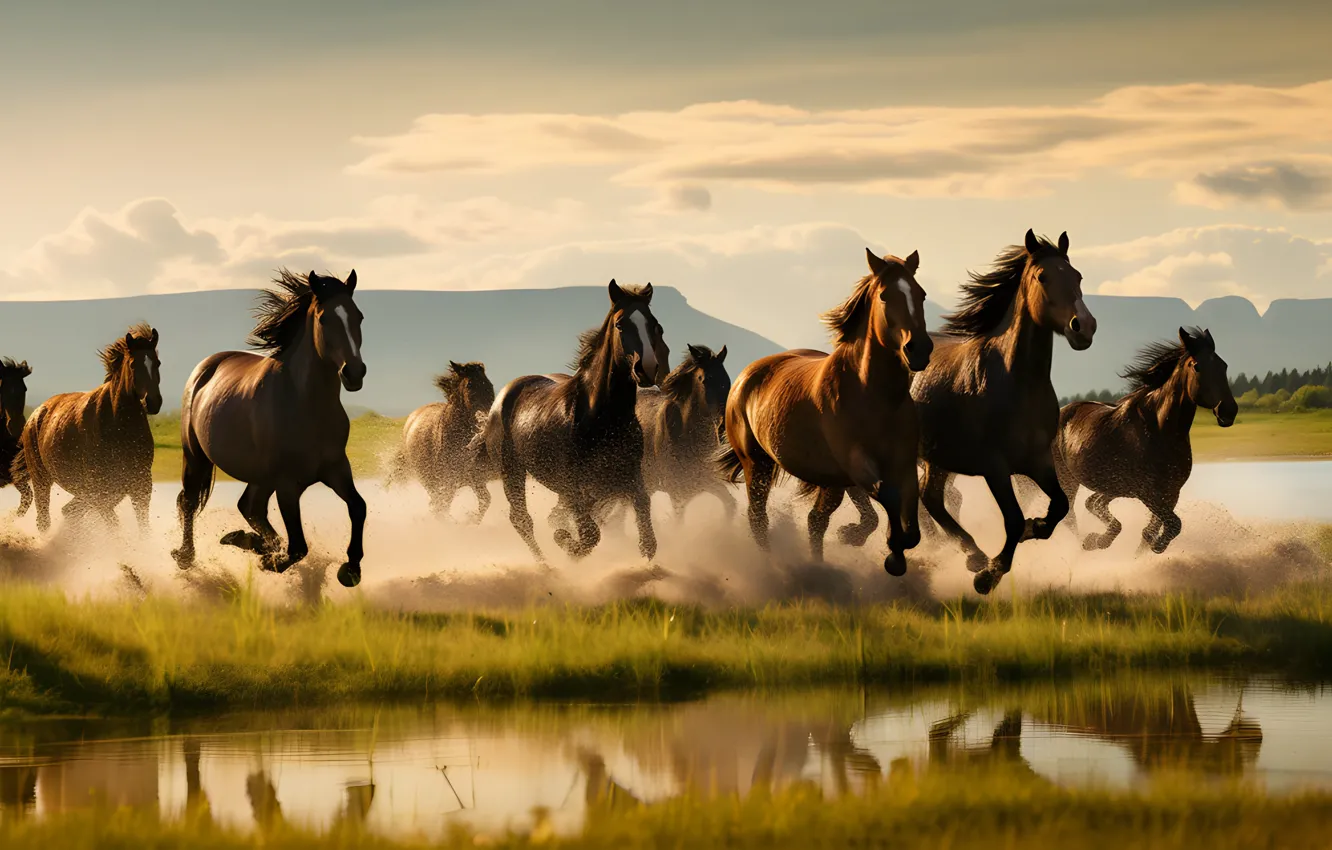 Photo wallpaper field, horse, horse, the herd, AI art, neural network