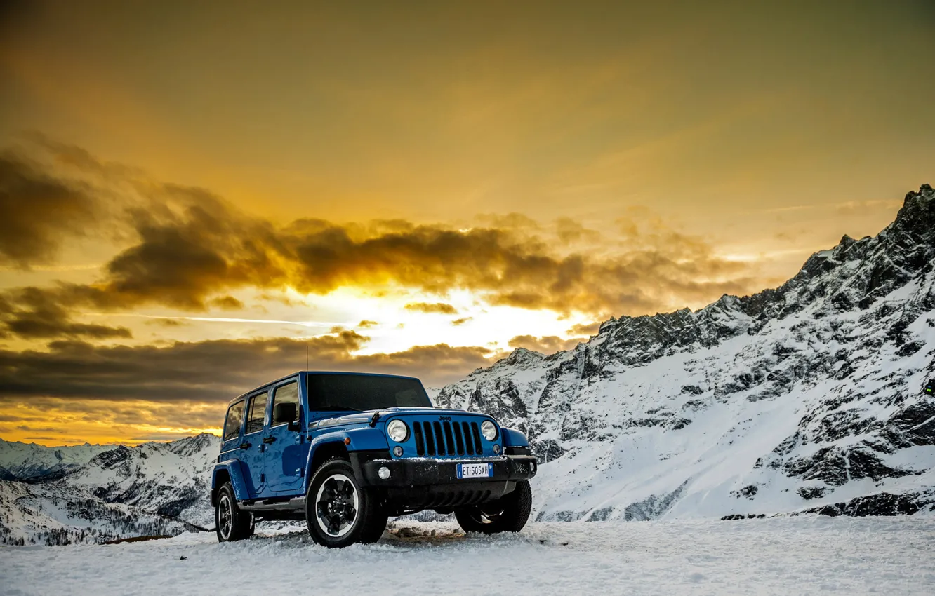 Photo wallpaper machine, auto, snow, mountains, car, Jeep Wrangler Polar