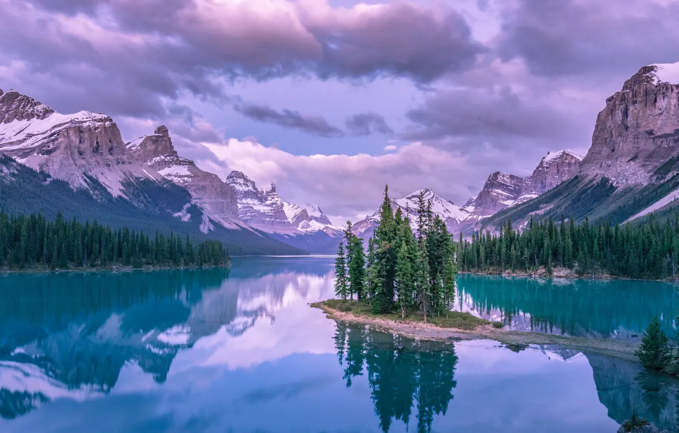Photo wallpaper the sky, clouds, snow, mountains, lake, Forest